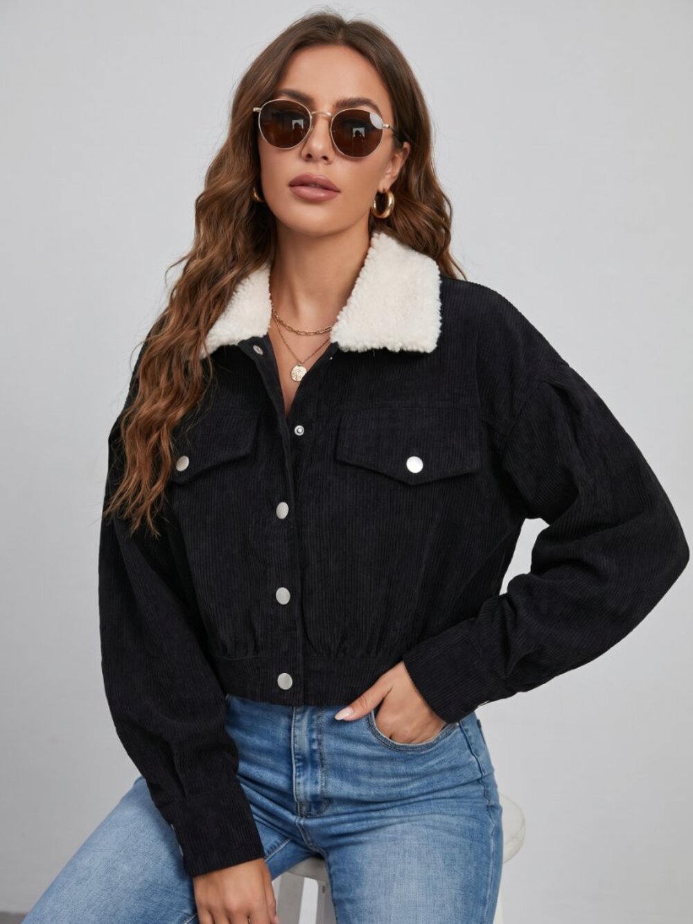 Women Black Corduroy Sherpa Collar Jacket Cropped Button Up Coat